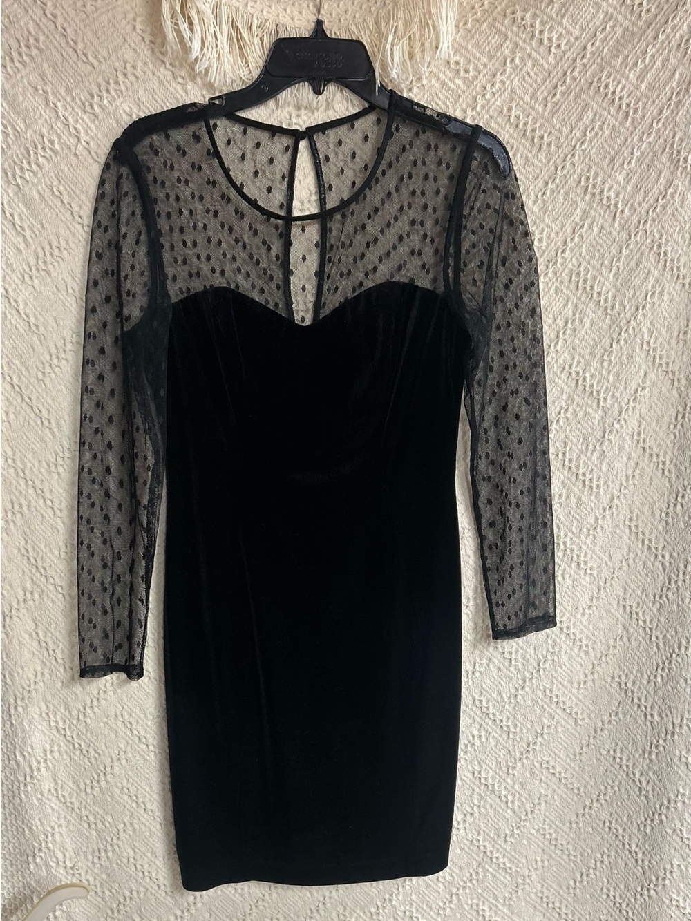 Guess Black Velvet Dress with Sheer Polka Dot Long Sleeves